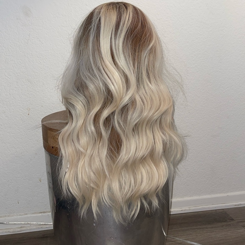 Blonde wig with red brown root- 22”- wavy synthetic & so soft #G